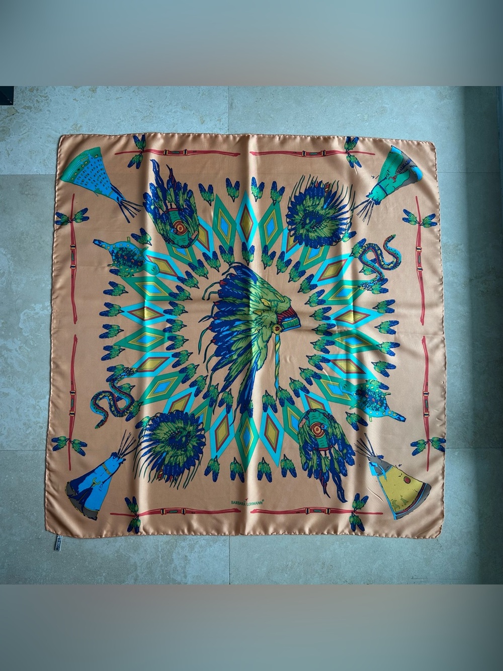 Vintage Barbara Lohmann 100%Silk Scarf Tribal Headdress hand rolled edges